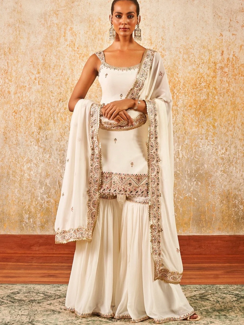 Ivory Embroidered Women’s Sharara Dress with Dupatta